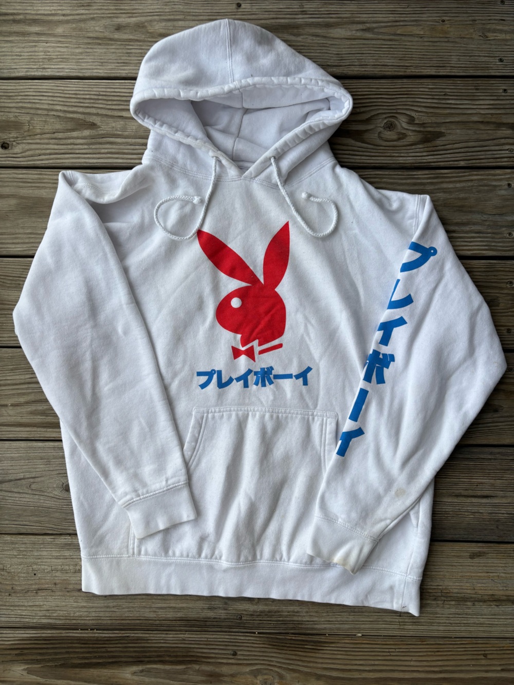 PLAYBOY White Hoodie with Red Bunny and Blue Japanese Sleeve Script